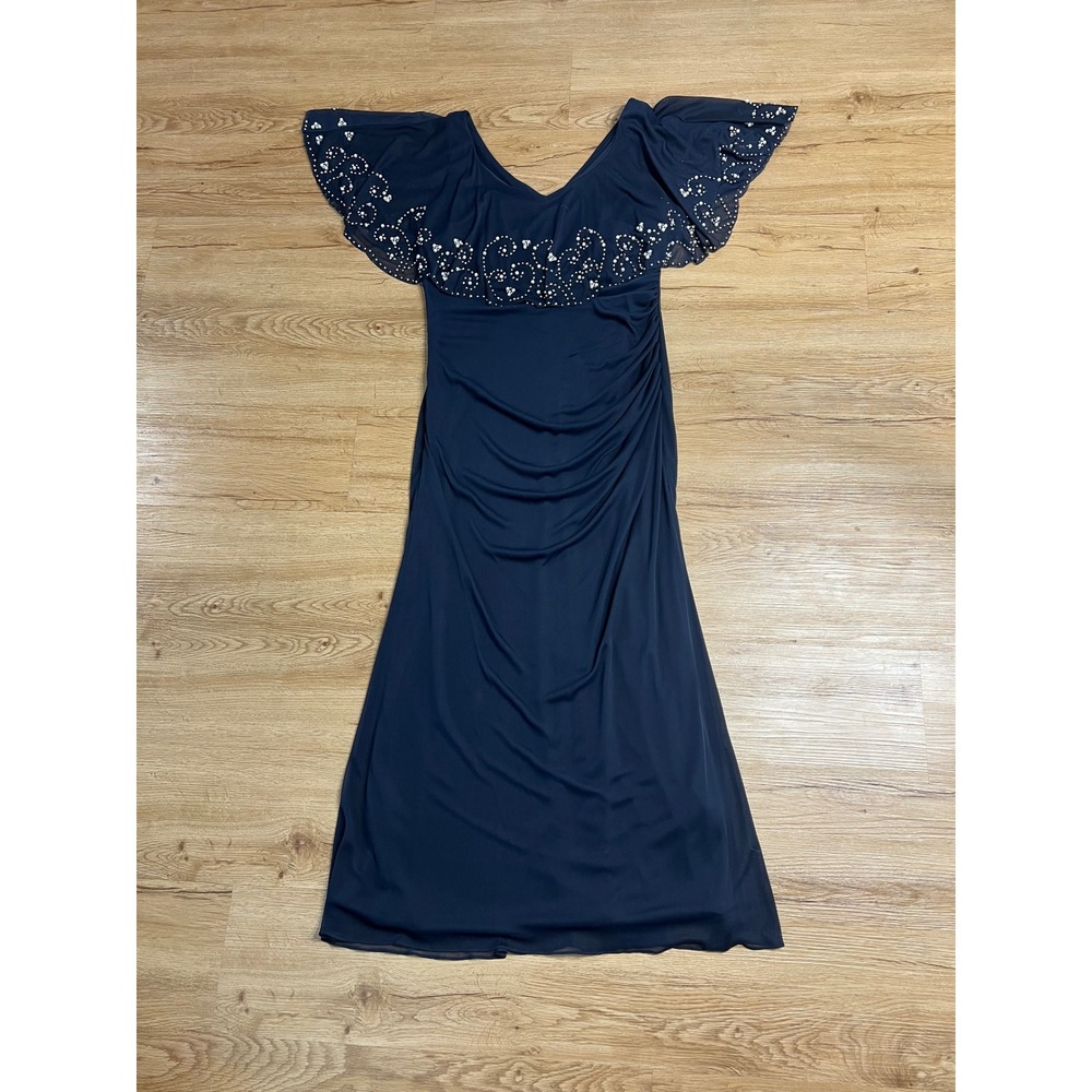 Betsy & Adam Navy Blue Beaded Ruffle Off Shoulder Maxi Gown Dress Womens 12